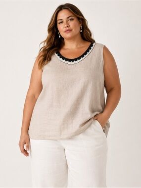 Lungo L'Arno Linen Beaded Shell Tank Top Ribbed Stretch Beige Womens Size 2X